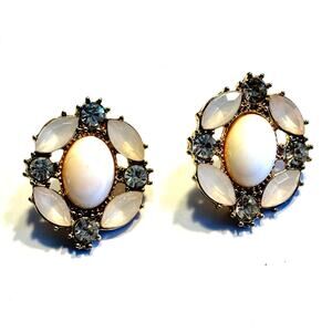 Pierced earrings gold & white beaded rhinestones bridal wedding dressy jewelry